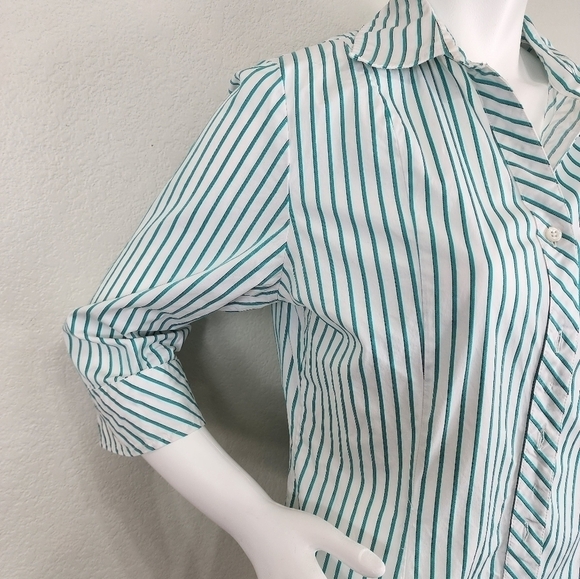 Pendleton White Green Striped Half Sleeve Button Down Size 14 - Picture 2 of 13